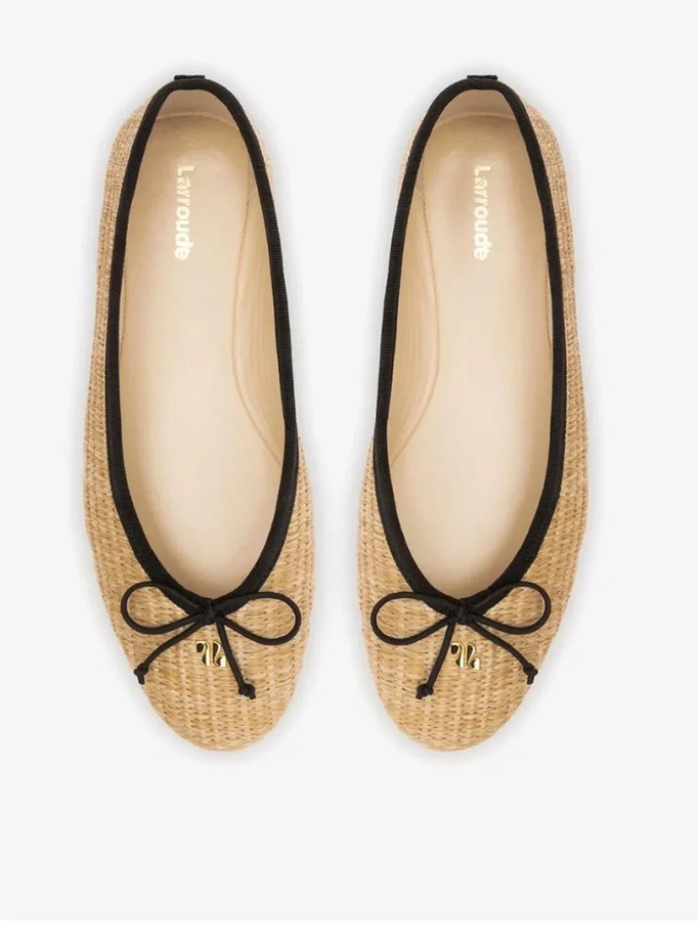 Larroude Pavlova Ballet Flat Natural Raffia Woven Black Trim 7.5 tan shoe